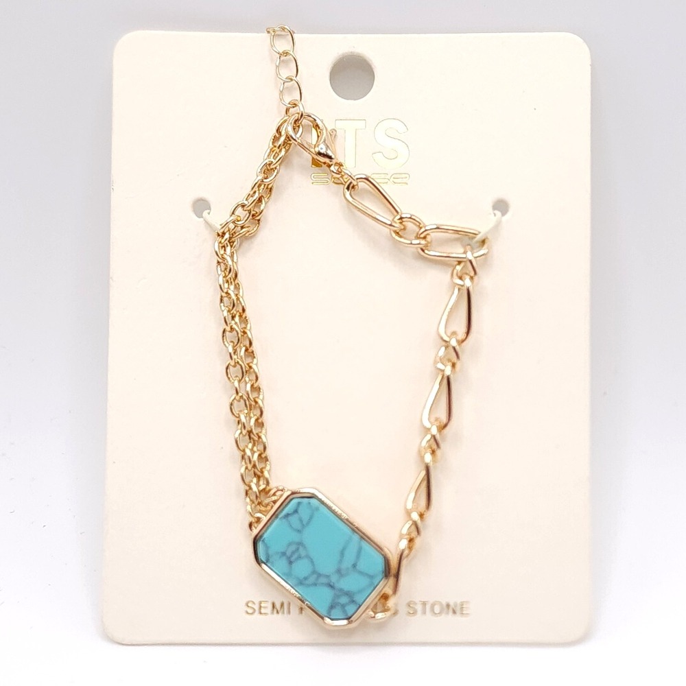 ITS Sense Turquoise Blue Semi Precious Stone Gold Link Bracelet 7in